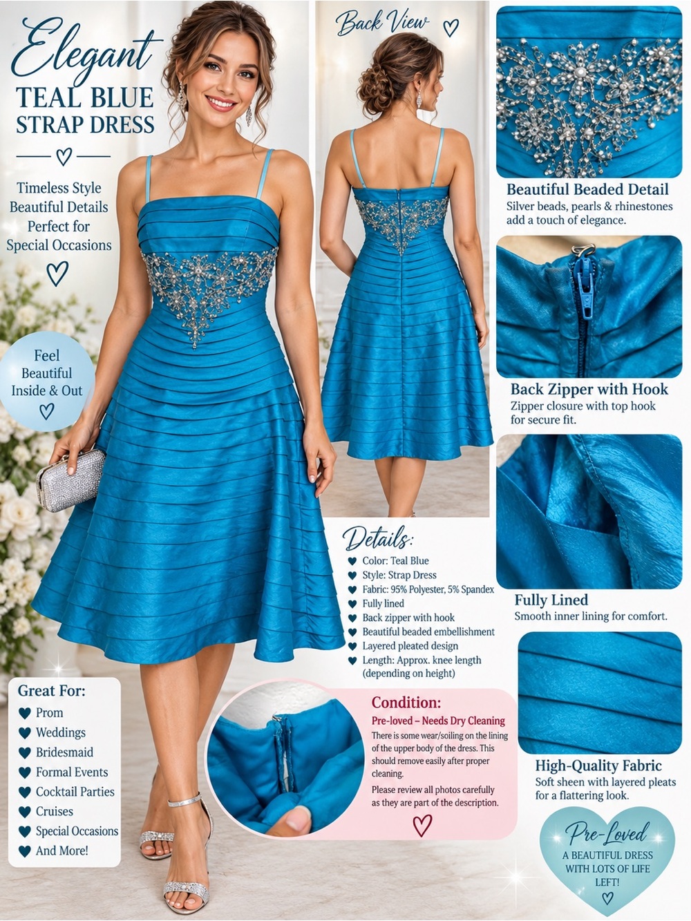 Elegant Teal Blue Strap Dress with Beaded Detail-per-love-needs dry cleaning